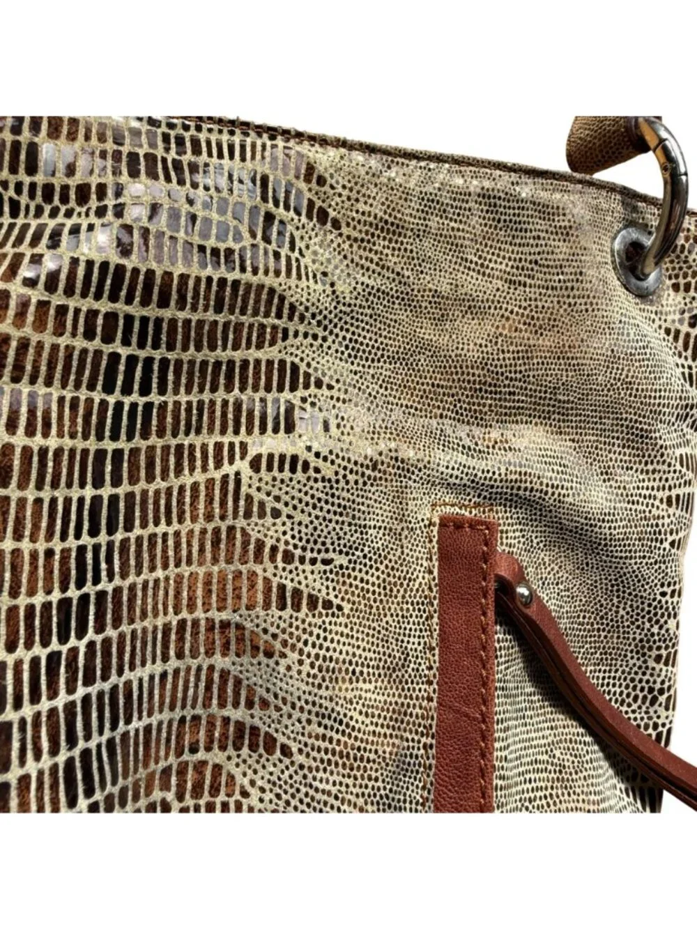 Chez Women's Hobo Bag Tan Brown Leather Snake Embossed Metallic Shoulder Tote